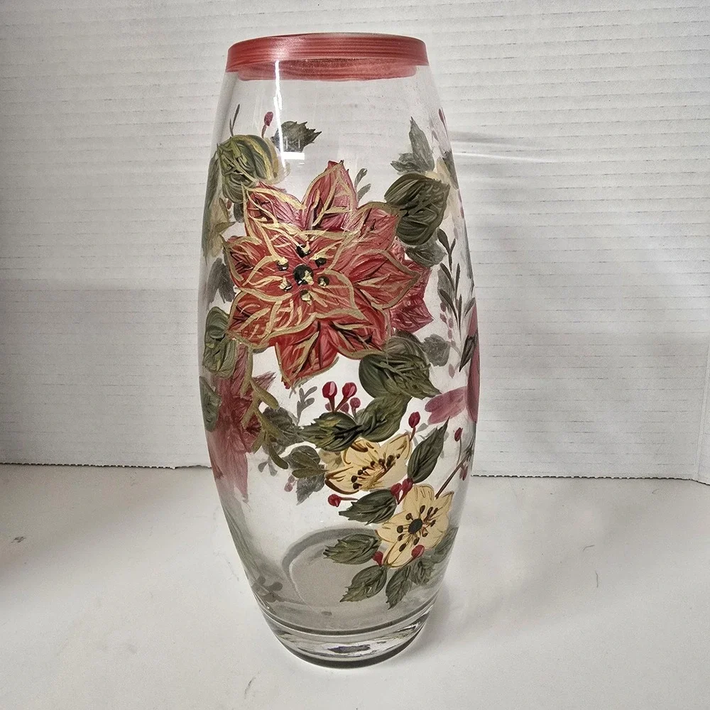 Hand Painted Glass Vase Red Cardinal Poinsettia Floral Winter Holiday‎ Decor